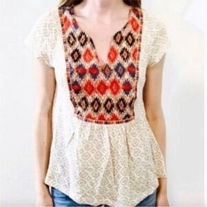 Anthropologie Akemi + Kin Honey Valley Embroidered Ikat Top-Ivory/Multi-M-Boho